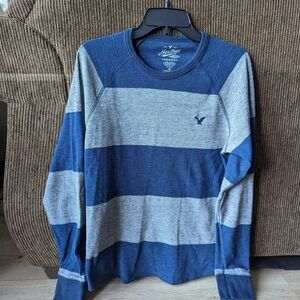 Blue and Gray Striped Long Sleeve Shirt